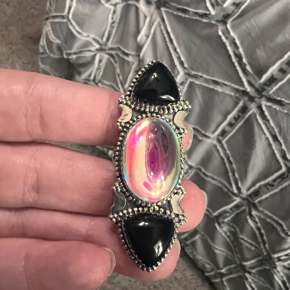 Sterling silver black onyx and mystic opal/aurora borealis crawler ring
